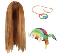 Ensemble d'accessoires de déguisement hippie - Foulard arc-en-ciel avec fleurs, longue perruque marron et collier de paix - Kit de costume de festival des années 60 et 70