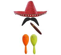 Ensemble d'accessoires de déguisement mexicain avec sombrero + maracas + goupillon. Parfait pour les déguisements mexicains Senorita Bandit Mariachi (rouge à pompons, maracas oranges et jaunes)
