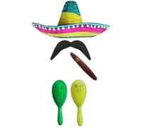 Ensemble d'accessoires de déguisement mexicain avec sombrero + maracas + goupillon. Parfait pour les déguisements mexicains Senorita Bandit Mariachi (pompon multicolore + maracas vert et jaune)