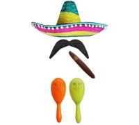 Ensemble d'accessoires de déguisement mexicain avec sombrero + maracas + goupillon. Parfait pour les déguisements mexicains Senorita Bandit Mariachi (pompon multicolore + maracas oranges et jaunes)