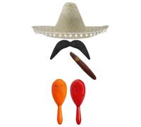 Ensemble d'accessoires de déguisement Mexicain avec Sombrero Mexicain + Maracas + goupillon. Parfait pour Les déguisements mexicains Senorita Mariachi (Sombrero Naturel + Maracas Orange et Rouge)