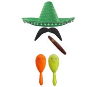 Ensemble d'Accessoires de Déguisement Mexicain - Sombrero, Maracas, Moustache - Parfait pour Costumes Senorita Bandit Mariachi (Sombrero Vert à Pompons, Maracas Orange et Jaune)