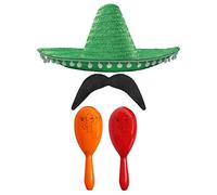 Ensemble d'accessoires de déguisement mexicain - Sombrero mexicain avec maracas et sambrero à pompon vert + maracas orange et rouge