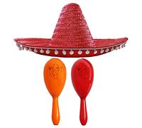 Ensemble d'accessoires de déguisement mexicain - Sombrero mexicain avec maracas - Parfait pour les déguisements mexicains Senorita Bandit Mariachi (Sombrero à pompon rouge + Maracas orange et rouge)