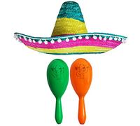 Ensemble d'accessoires de déguisement mexicain - Sombrero mexicain avec maracas - Parfait pour les déguisements mexicains Senorita Bandit Mariachi (Sombrero à pompons noirs + maracas verts et oranges)