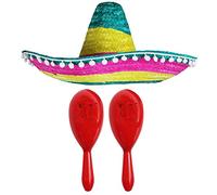 Ensemble d'accessoires de déguisement mexicain - Sombrero mexicain avec maracas - Parfait pour les déguisements mexicains - Déguisement Senorita Bandit Mariachi (pompon multicolore + 2 maracas rouges)