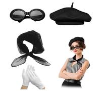 Ensemble d'accessoires de déguisement pour femme - Kit Mime d'artiste français avec béret, écharpe, lunettes de soleil, gants pour femmes et filles - Fournitures de fête - Noir