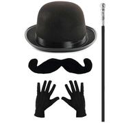 Ensemble d'accessoires de détective des années 1930 pour adultes - Chapeau melon noir, moustache de guidon, gants noirs et canne argentée - Costume de personnage mystère des années 30 pour homme