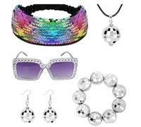 Ensemble d'accessoires de fête disco des années 1970 avec serre-tête, lunettes, collier, boucles d'oreilles pour fêtes rétro