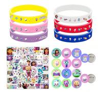 Ensemble d'accessoires de fête thématique Gabby Dollhouse comprenant 68 articles, notamment des autocollants, des bracelets en silicone et des badges. C'est une combinaison d'accessoires tout-en-un ad