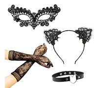 Ensemble d'accessoires de mascarade 5 pièces, masque pour les yeux en dentelle, bandeau d'oreille de chat, collier en forme de cœur, gants en dentelle, convient pour le carnaval, la discothèque.