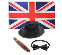 Ensemble d'accessoires de Premier ministre en temps de guerre pour adultes - Drapeau Union Jack 1,5 x 0,9 m, chapeau melon, nœud papillon, faux cigare - Costume de Premier ministre britannique des