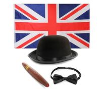 Ensemble d'accessoires de Premier ministre en temps de guerre pour adultes - Drapeau Union Jack 1,5 x 0,9 m, chapeau melon, nœud papillon, faux cigare - Costume de Premier ministre britannique des