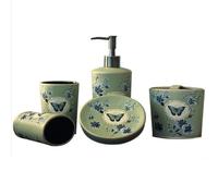 Ensemble d'accessoires de Salle Bain en céramique, 5 pièces, Distributeur Savon, gobelet for Bouche, Porte-Savon, Porte-Brosse à Dents, 2 gobelets, Motif Papillon, Vert