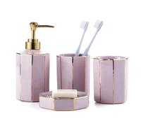 Ensemble D'Accessoires de Salle Bain Rose, 4 Kits de Lavage en CéRamique avec Distributeur Lotion, Porte-Savon et 2 Gobelets Gargarisme, pour DéCoration IntéRieure
