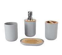 Ensemble D'accessoires de Salle de Bain 4 Pièces, Boîte de Rangement de Dentifrice et de Brosse à Dents en Bambou Imperméable et Durable, Gobelet de Brosse à Dents pour la Maison, L'hôtel,(Gris)