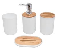 Ensemble d'accessoires de Salle de Bain 4 pièces : Distributeur de Savon, Porte-Brosse à Dents, gobelet et écuelle (Blanc)