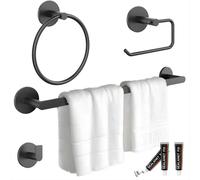 Ensemble d'accessoires de salle de bain 4 pièces en acier inoxydable : porte-serviettes, porte-papier toilette, anneau porte-serviettes et patère (noir)