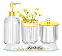Ensemble d'accessoires de salle de bain 4 pièces en verre transparent et doré avec distributeur de savon lotion, support de brosse à dents, pot d'apothicaire, plateau de coiffeuse, décoration de salle