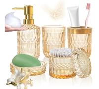 Ensemble d'accessoires de Salle de Bain 5 pièces,Décoration de Bain Moderne, Distributeur de Savon Moderne, Porte-Savon, Porte-Brosse à Dents, bidon de Cotons-tiges, gobelet, Cadeau -doré