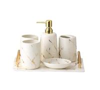 Ensemble d'accessoires de salle de bain - 6 pièces en céramique - Distributeur de savon / porte-brosse à dents / tasse à bain de bouche / boîte à savon - Texture marbre - Décoration côtière pour bain