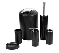 Ensemble d'accessoires de Salle de Bain - 6 pièces - Noir - avec Poubelle, Brosse WC, Distributeur de Savon, Porte-Brosse à Dents, gobelet et Porte-Savon - Plastique Durable - Design Moderne pour la