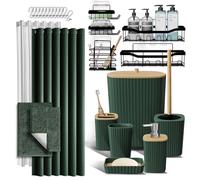 Ensemble d'accessoires de Salle de Bain avec Panier de Douche et Tapis de Bain, Ensemble d'accessoires de Salle de Bain 27 pièces avec Caddies de Douche, Tapis de Bain Vert, Ensemble de Rideau de