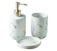 Ensemble d'accessoires de salle de bain avec porte-savon, gobelet, distributeur de savon et distributeur de lotion en céramique aspect marbre décoration côtière (blanc, 3 pièces)