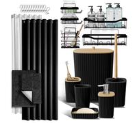 Ensemble d'accessoires de Salle de Bain avec Tapis de Bain, Ensemble d'accessoires de Salle de Bain 27 pièces avec paniers de Douche, Tapis de Bain Noirs, Ensemble de Rideau de Douche, Brosse de