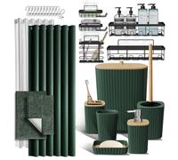 Ensemble d'accessoires de Salle de Bain avec Tapis de Bain, Ensemble d'accessoires de Salle de Bain 27 pièces avec Caddies de Douche, Tapis de Bain Vert, Ensemble de Rideau de Douche, Brosse de