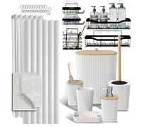 Ensemble d'accessoires de Salle de Bain avec Tapis de Bain, Ensemble d'accessoires de Salle de Bain 27 pièces avec paniers de Douche, Tapis de Bain Blancs, Ensemble de Rideau de Douche, Brosse de