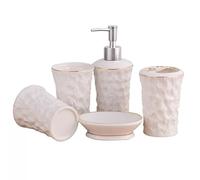 Ensemble d'accessoires de salle de bain classique en céramique - Distributeur de savon - Porte-brosse à dents - Plat avec doré - Décoration d'intérieur moderne - 5 pièces - Décor côtier
