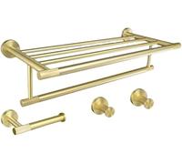 Ensemble Daccessoires De Salle De Bain Doré Brossé : Porte-Serviettes, Porte-Papier Toilette, Crochet pour Peignoir, Porte-Savon, étagère Porte-Serviettes, Brosse WC 4 Pieces Set