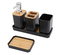 Ensemble D'accessoires de Salle de Bain en Bambou et Plastique avec Bouteilles de Lotion Tasse Porte-brosse à Dents Porte-savon, Style texturé Simple, Idéal pour Divers (BLACK)
