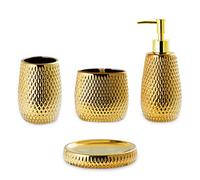 Ensemble d'accessoires de salle de bain en céramique doré 4 pièces - Ensemble complet d'accessoires de bain en forme de goutte de pluie avec porte-brosse à dents et plateau, gobelet, distributeur de