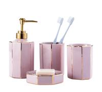 Ensemble d'accessoires de salle de bain en céramique, ensemble complet d'accessoires de salle de bain, ensemble complet de 4 pièces rose moderne pour salle de bain, comprenant un gobelet, un