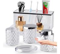 Ensemble d'accessoires de salle de bain en verre 5 pièces, distributeur de savon moussant transparent, porte-savon, tasse, pot Qtip en cristal, support de brosse à dents en acrylique avec plateau