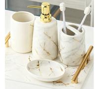 Ensemble d'accessoires de salle de bain, un ensemble de 4 pièces en céramique comprenant un flacon de lotion, 2 gobelets pour le bain de bouche et un porte-savon. Convient pour la décoration de la sal
