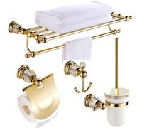 Ensemble d'accessoires de salle de bains en laiton poli doré de luxe - Collection de quincaillerie de bain en cristal mural double towel bar