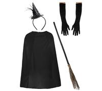 Ensemble d'accessoires de sorcière pour femme - Cape noire, mini chapeau, bandeau et gants longs - Kit de déguisement d'Halloween