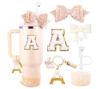 Ensemble d'accessoires de tasse blanc pour gobelet Stanley de 887 ml et 1200 ml avec poignée, breloques en forme de lettre, nœud et couvercle de paille en diamant, autocollant personnalisé pour