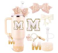 Ensemble d'accessoires de tasse blanc pour gobelet Stanley de 887 ml et 1200 ml avec poignée, breloques en forme de lettre, nœud et couvercle de paille en diamant, autocollant personnalisé pour