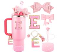 Ensemble d'accessoires de tasse rose pour gobelet Stanley de 887 ml et 1200 ml avec poignée, breloques en forme de lettre, nœud et couvercle de paille en diamant, autocollant personnalisé pour
