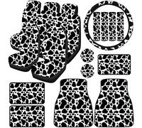 Ensemble d'accessoires de voiture imprimé vache pour femme et homme - Housse de volant de voiture imprimée vache - Coussinets de ceinture de sécurité - Tapis de sol de voiture - Porte-gobelets de