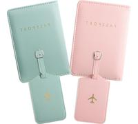Ensemble d'accessoires de voyage assorti, 2 housses de passeport et 2 étiquettes de bagages, blocage RFID, cadeau de couple en cuir synthétique rose et vert avec motif avion, Rose + vert., 4 x 0.99 x