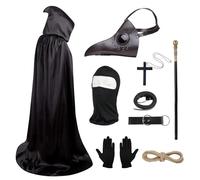 Ensemble d'accessoires d'Halloween - Masque rétro en cuir - Masque gothique de médecins de la peste avec masque intégral - Canne à capuche noire - Gants à capuche - Collier croix, boucle et ceinture