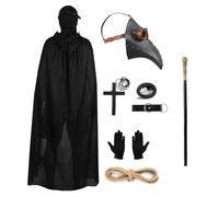 Ensemble d'accessoires d'Halloween - Masque rétro en cuir pour oiseau - Masque gothique de médecins avec masque intégral canne à capuche noir - Cape à capuche, gants, collier croix, boucle, ceinture