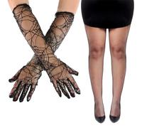 Ensemble d'accessoires d'Halloween pour femme - Standard - Gants en toile d'araignée noire et collants noirs opaques - Ensemble d'accessoires effrayants pour déguisement d'Halloween pour adultes et