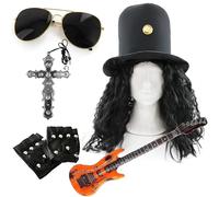Ensemble d'accessoires d'icône rock pour adultes - Chapeau haut de forme noir et doré, perruque noire, lunettes de soleil, croix argentée, gants sans doigts et guitare gonflable orange - Ensemble