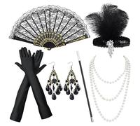 Ensemble d'accessoires Gatsby le Magnifique années 1920 pour femme avec bandeau, collier de perles, gants noirs, boucles d'oreilles, éventail pliable en dentelle, déguisement rétro, carnaval, festival